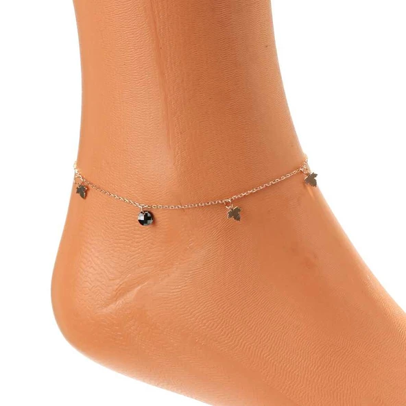 925 Ayar Gümüş Yuvarlak Oniks Taşlı Çınar Yaprağı Model Halhal - Resim 4