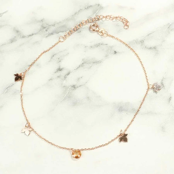 925 Ayar Gümüş Yuvarlak Sitrin Taşlı Çınar Yaprağı Halhal - Resim 2