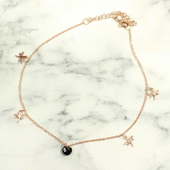 925 Ayar Rose Gümüş Siyah Oniks Taşlı Yusufçuk Model Halhal - Resim 2