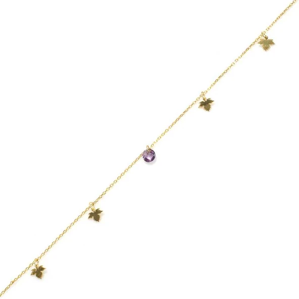 925 Ayar Gümüş Yuvarlak Ametist Taşlı Çınar Yapraklı Halhal ürün görseli