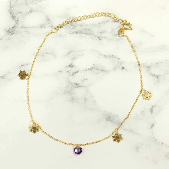 925 Ayar Gümüş Yuvarlak Ametist Taşlı Kar Tanesi Halhal - Resim 2