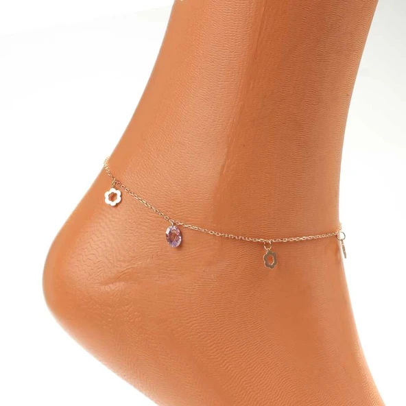 925 Ayar Gümüş Ametist Taşlı İçi Boş Çiçek Modeli Halhal - Resim 3