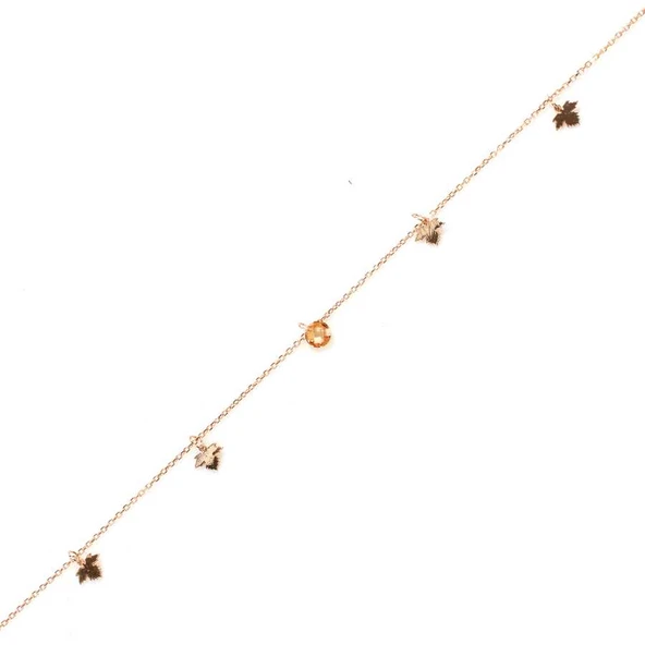 925 Ayar Gümüş Yuvarlak Sitrin Taşlı Çınar Yaprağı Halhal ürün görseli