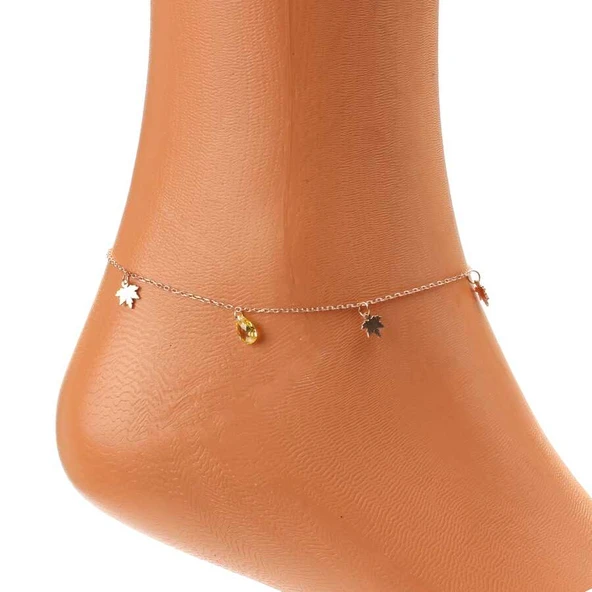 925 Ayar Gümüş Damla Sitrin Taşlı Çınar Yaprağı Halhal - Resim 3