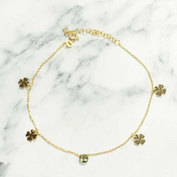 925 Ayar Gümüş Peridot Taşlı 4 Yapraklı Yonca Halhal - Resim 4