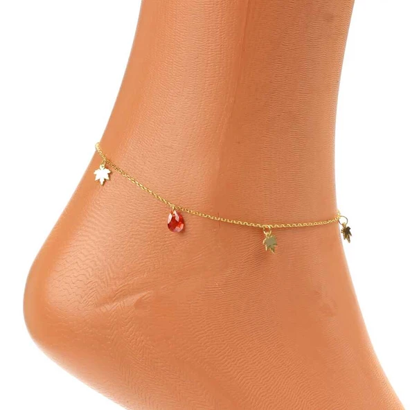 925 Ayar Gümüş Damla Garnet Taşlı Çınar Yaprağı Halhal - Resim 3