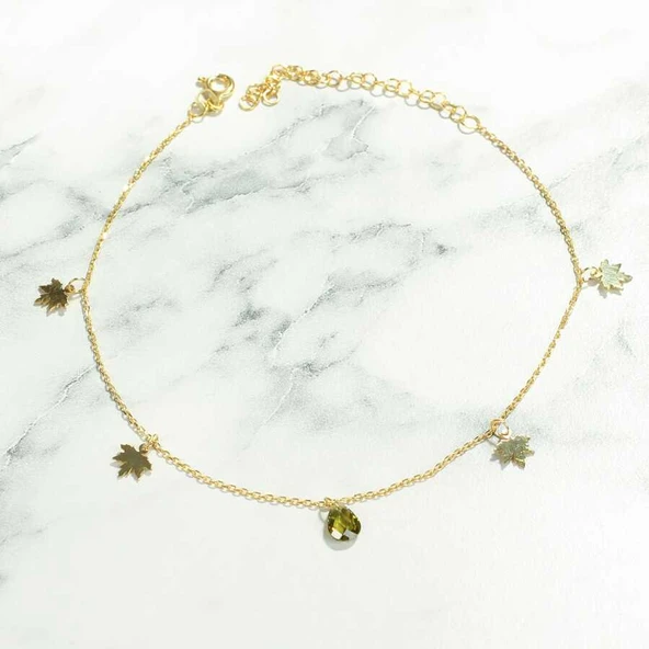 925 Ayar Gümüş Damla Peridot Taşlı Çınar Yapraklı Halhal - Resim 2