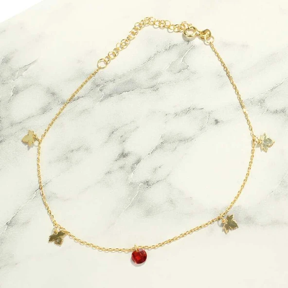 925 Ayar Gümüş Yuvarlak Garnet Taşlı Çınar Yaprağı Halhal - Resim 2