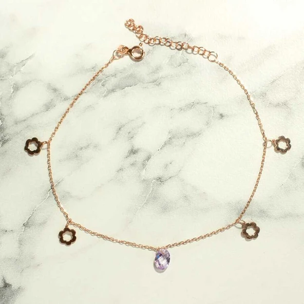 925 Ayar Gümüş Ametist Taşlı İçi Boş Çiçek Modeli Halhal - Resim 2