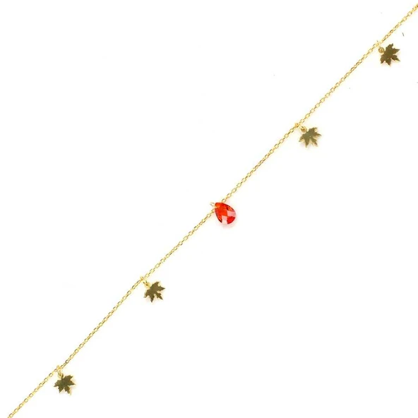 925 Ayar Gümüş Damla Garnet Taşlı Çınar Yaprağı Halhal ürün görseli