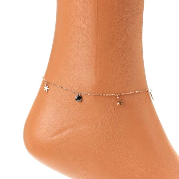 925 Ayar Gümüş Yuvarlak Siyah Oniks Taşlı Yusufçuk Halhal - Resim 3