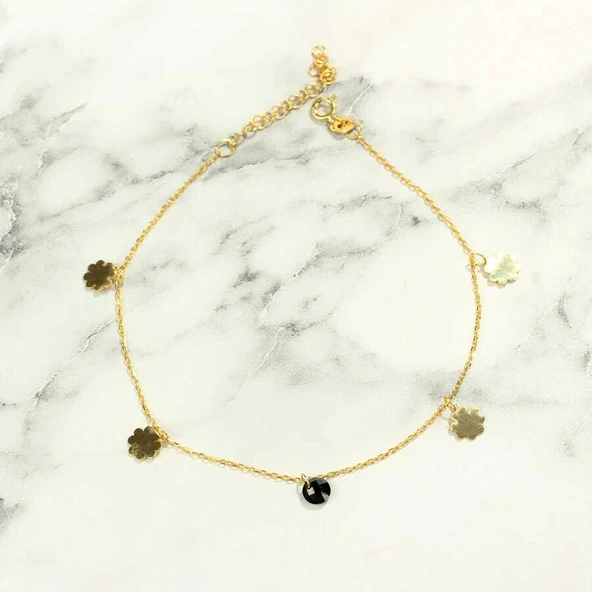 925 Ayar Gümüş Yuvarlak Oniks Taşlı Yonca Modeli Halhal - Resim 2