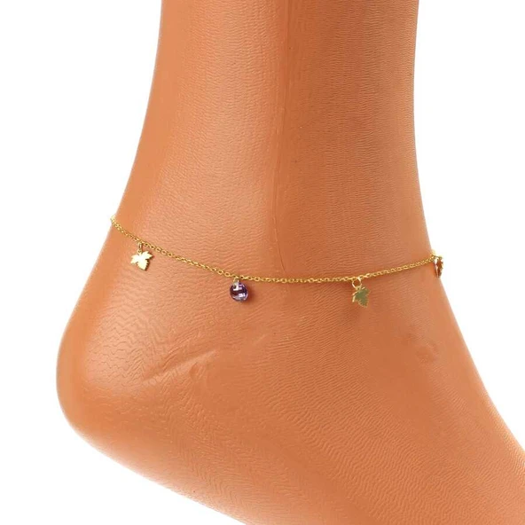 925 Ayar Gümüş Yuvarlak Ametist Taşlı Çınar Yapraklı Halhal - Resim 3