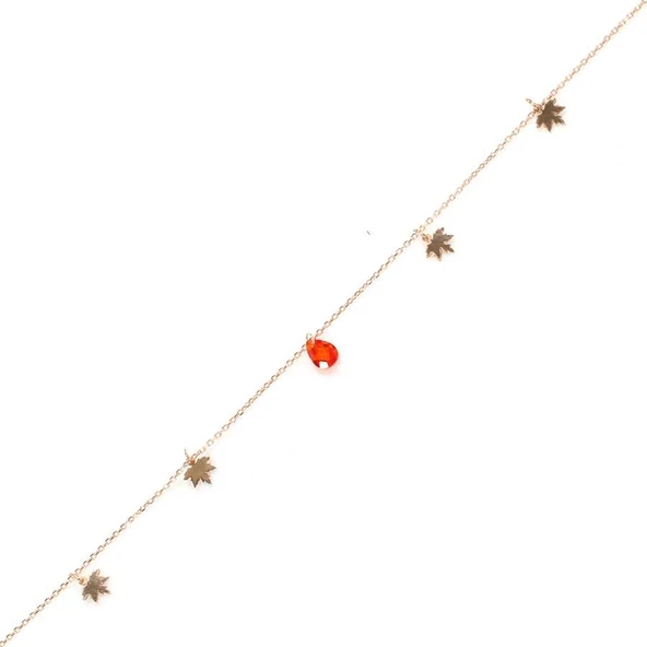 925 Ayar Rose Gümüş Damla Garnet Taşlı Çınar Yaprağı Halhal ürün görseli 1