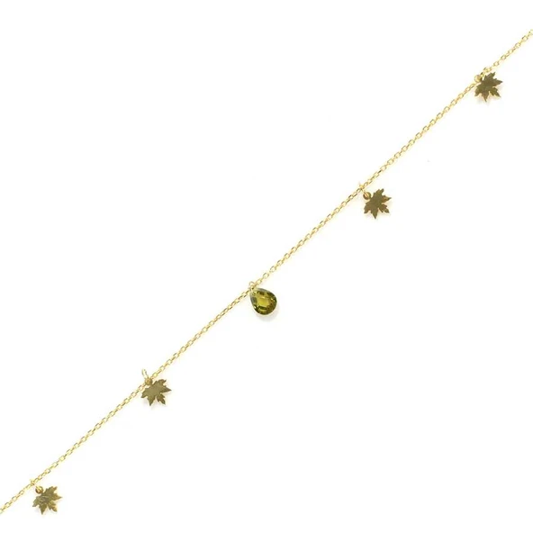 925 Ayar Gümüş Damla Peridot Taşlı Çınar Yapraklı Halhal ürün görseli