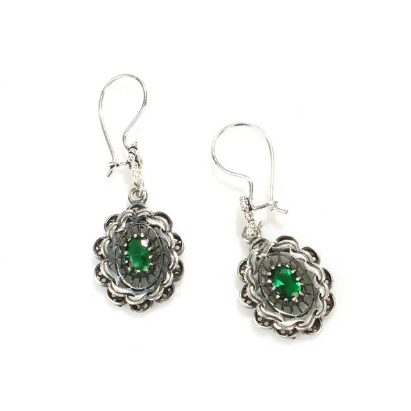 925 Ayar Gümüş Zümrüt Taşlı İşlemeli Döküm Telkari Küpe ürün görseli 1