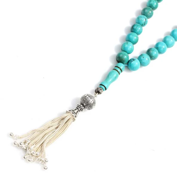 925 Ayar Gümüş Püsküllü Firuze Taşlı  99' lu Tesbih - Resim 3