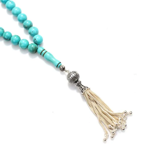 925 Ayar Gümüş Püsküllü Firuze Taşlı  99' lu Tesbih - Resim 4