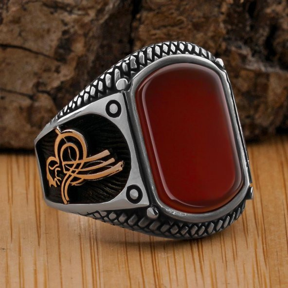 Kırmızı Akik Taşlı Tuğra Tasarımlı 925 Ayar Gümüş Yüzük ürün görseli 1