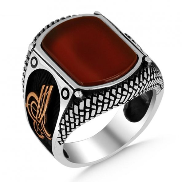 Kırmızı Akik Taşlı Tuğra Tasarımlı 925 Ayar Gümüş Yüzük - Resim 3