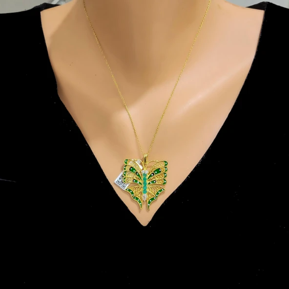 925 Ayar Gümüş Yeşil Kelebek Modeli Telkâri Kolye ürün görseli 1