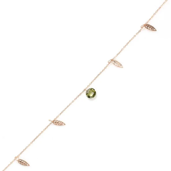 925 Ayar Rose Gümüş Yuvarlak Peridot Taşlı Defne Yaprağı Halhal ürün görseli 1