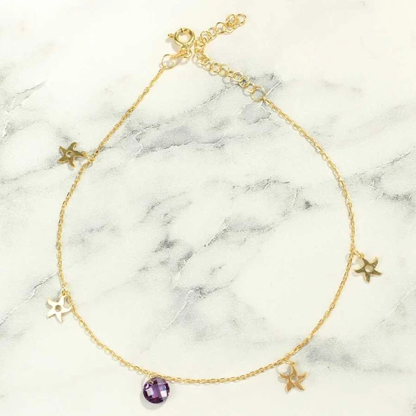 925 Ayar Gümüş Yuvarlak Ametist Taşlı Deniz Yıldızı Model Halhal - Resim 2