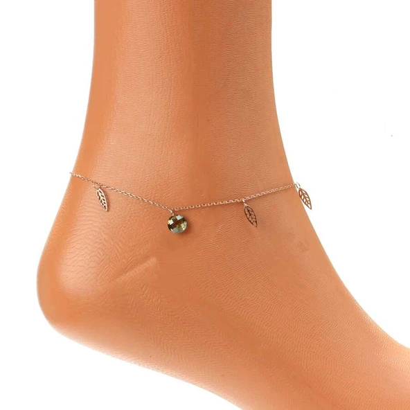 925 Ayar Rose Gümüş Yuvarlak Peridot Taşlı Defne Yaprağı Halhal - Resim 3