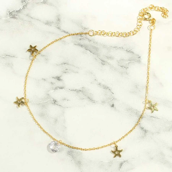 925 Ayar Gümüş Yuvarlak Zirkon Taşlı Deniz Yıldızı Halhal - Resim 2