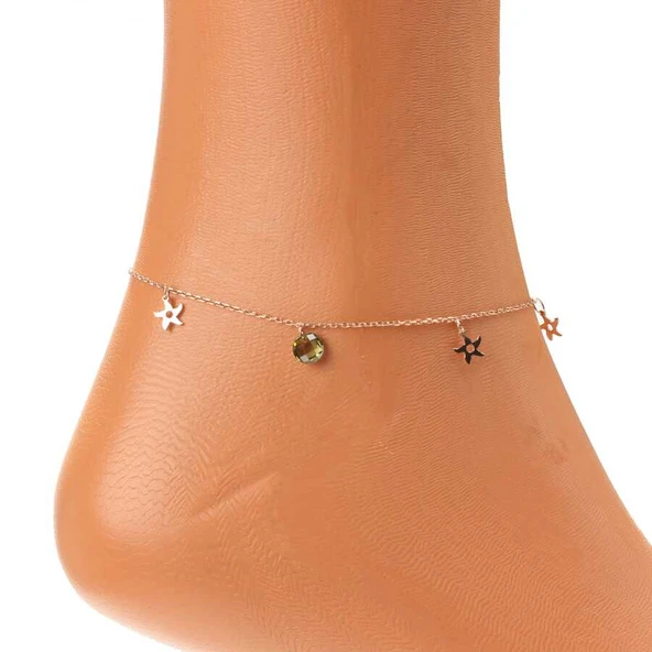 925 Ayar Gümüş Yuvarlak Peridot Taşlı Deniz Yıldızı Model Halhal - Resim 3