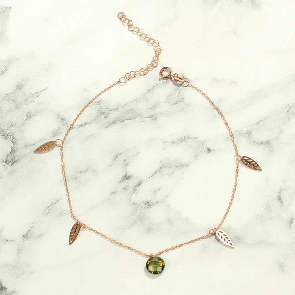 925 Ayar Rose Gümüş Yuvarlak Peridot Taşlı Defne Yaprağı Halhal - Resim 2