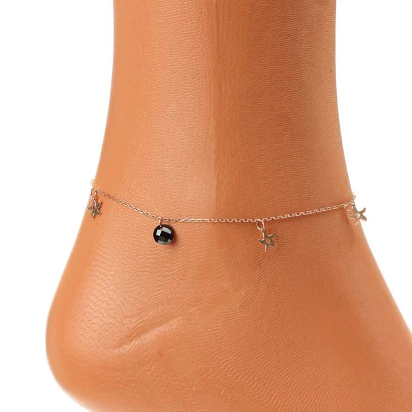 925 Ayar Gümüş Yuvarlak Siyah Oniks Taşlı Deniz Yıldızı Halhal - Resim 3