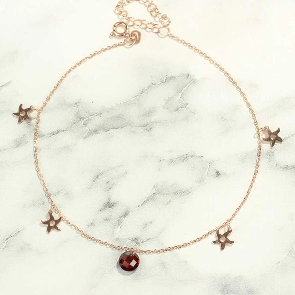 925 Ayar Rose Gümüş Yuvarlak Garnet Taşlı Deniz Yıldızı Halhal - Resim 2