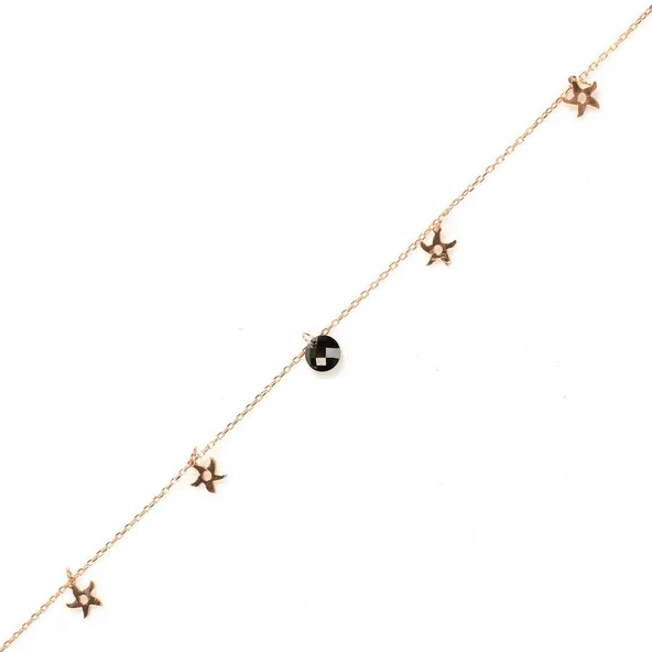 925 Ayar Gümüş Yuvarlak Siyah Oniks Taşlı Deniz Yıldızı Halhal ürün görseli 1