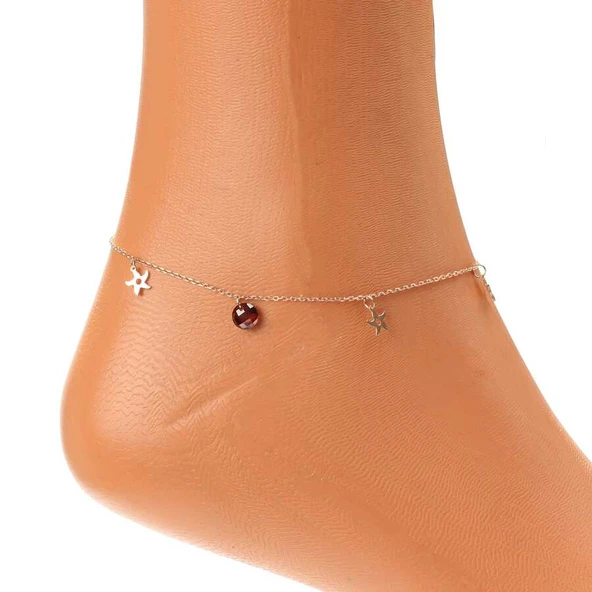 925 Ayar Rose Gümüş Yuvarlak Garnet Taşlı Deniz Yıldızı Halhal - Resim 3