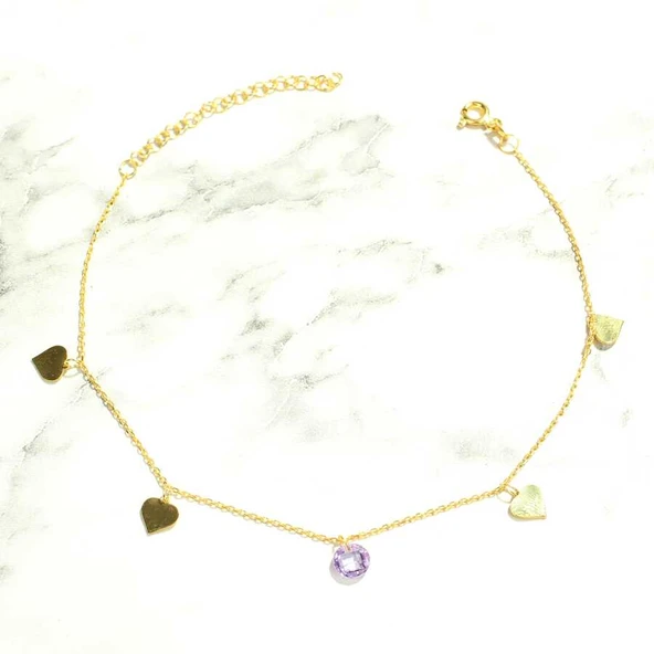 925 Ayar Gümüş Ametist Taşlı Kalp Modeli Halhal - Resim 3