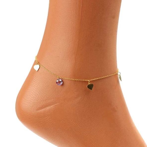 925 Ayar Gümüş Ametist Taşlı Kalp Modeli Halhal - Resim 2