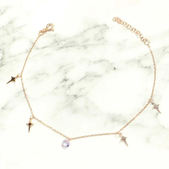 925 Ayar Gümüş Ametist Taşlı Kuzey Yıldızı Modeli Halhal - Resim 3