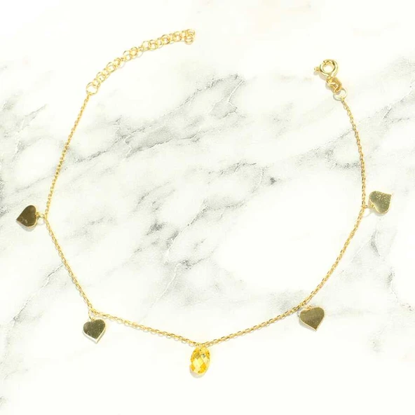 925 Ayar Gümüş Limon Kuvars Taşlı Kalp Modeli Halhal - Resim 3