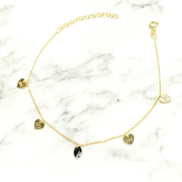 925 Ayar Gümüş Oniks Taşlı Kalp & Sonsuzluk Modeli Halhal - Resim 3