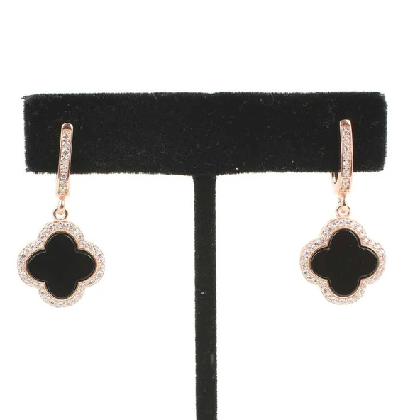 925 Ayar Gümüş Yonca Modeli Oniks ve Zirkon Taşlı Küpe ürün görseli 1