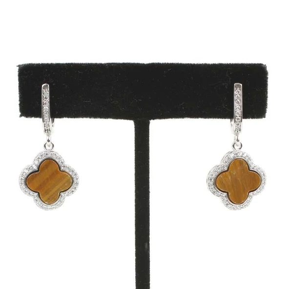 925 Ayar Gümüş Yonca Modeli Kaplan Gözü ve Zirkon Taşlı Küpe ürün görseli 1