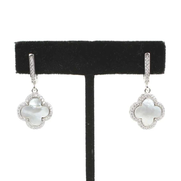 925 Ayar Gümüş Yonca Modeli Sedef ve Zirkon Taşlı Küpe ürün görseli