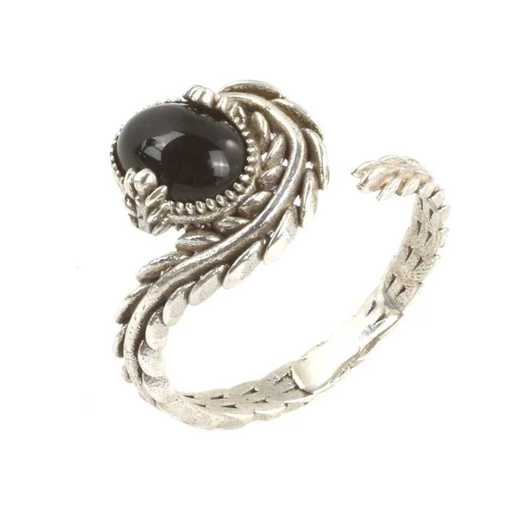 925 Ayar Gümüş Kapüşon Oval Onix Taşlı Sarmaşık Yüzük - Resim 5
