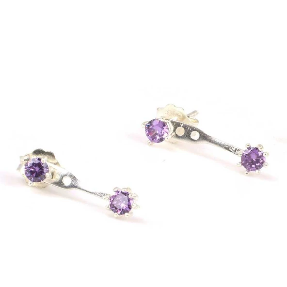 925 Ayar Gümüş Ametist Taşlı Çift Taşlı Küpe - Resim 2