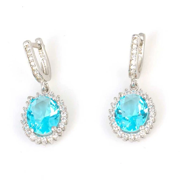 925 Ayar Gümüş Oval Akuamarin Taşlı Küpe ürün görseli