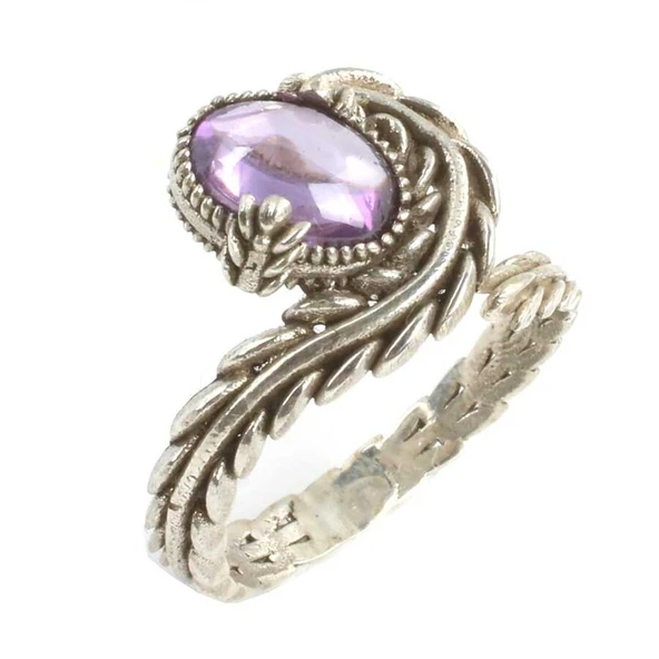 925 Ayar Gümüş Kapüşon Oval Ametist Taşlı Sarmaşık Yüzük ürün görseli 1