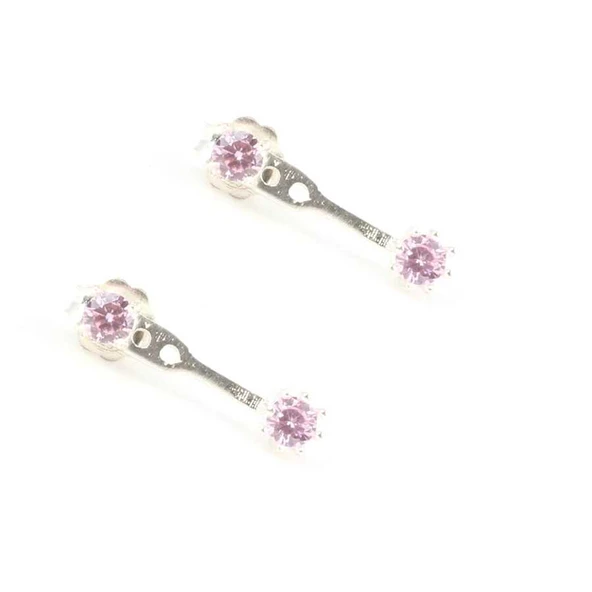 925 Ayar Gümüş Pembe Kuvars Taşlı Çift Taşlı Küpe - Resim 2