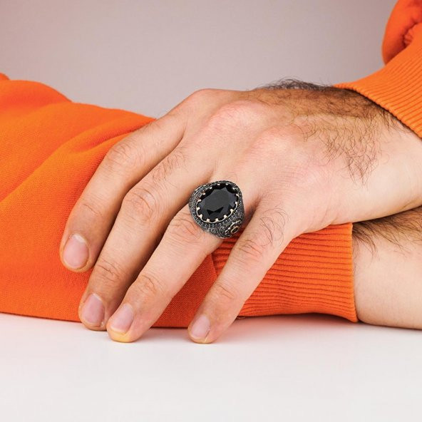 Siyah Zirkon Taşlı İşlemeli 925 Ayar Gümüş Yüzük - Resim 2