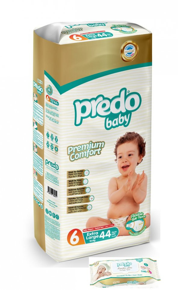 PREDO Premium Comfort Bebek Bezi 6 Numara 44 Adet + Islak Mendil 72 Adet
